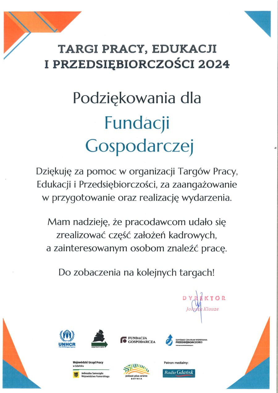 Podziękowanie za pomoc w organizacji Targów Pracy