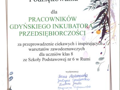 Podziękowanie-warsztaty zawodoznawcze SP nr 6 w Rumii