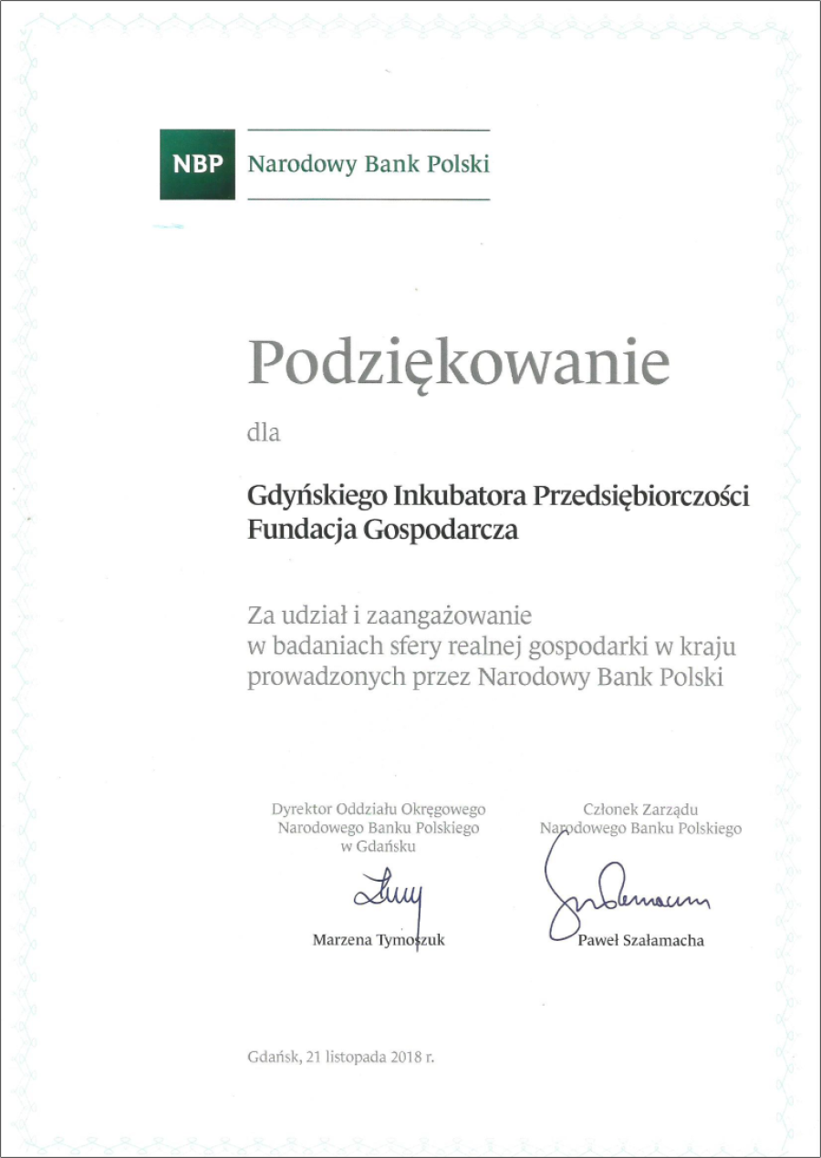 Podziękowanie Narodowego Banku Polskiego