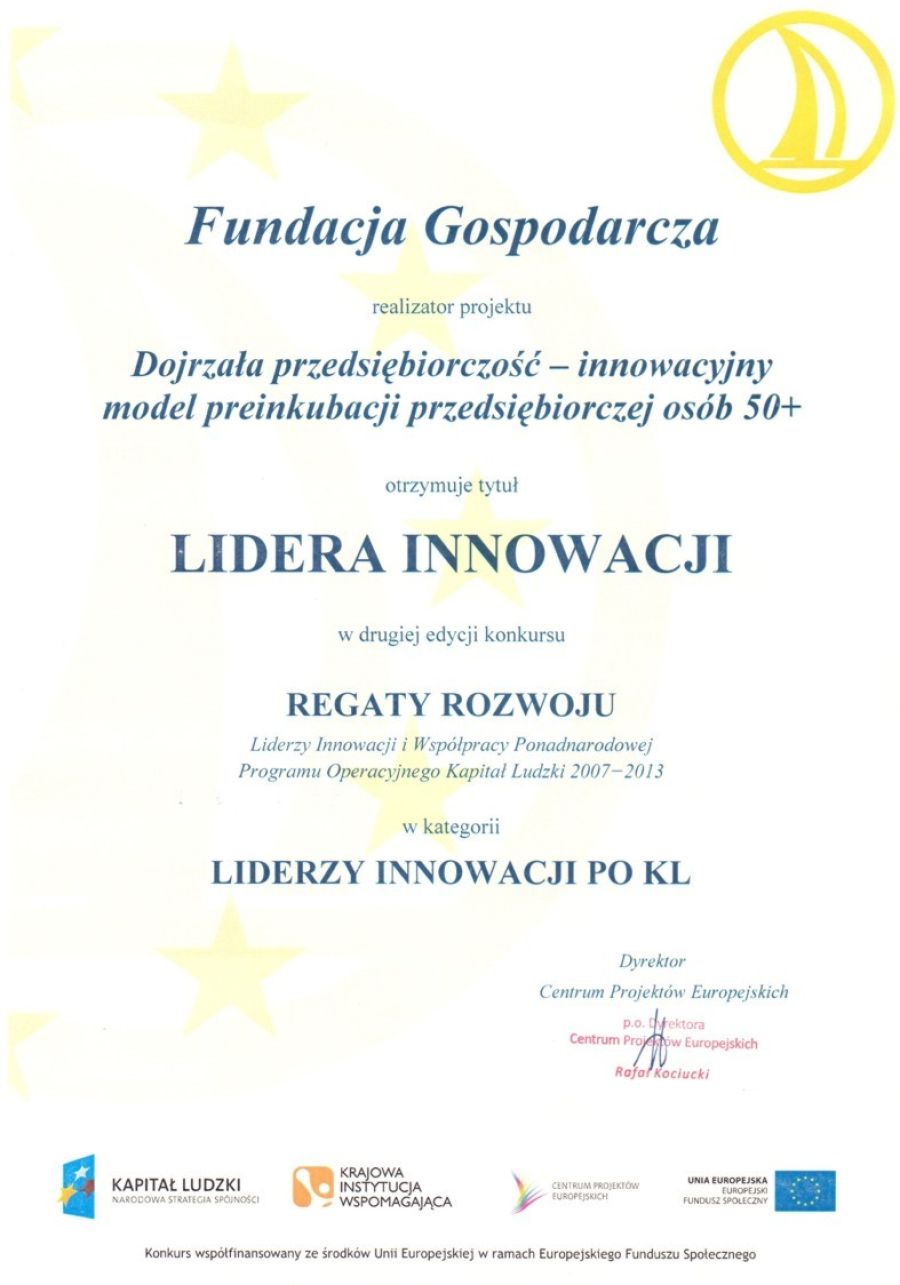 Lider Innowacji - "Regaty Rozwoju: Liderzy Innowacji i Współpracy Ponadnarodowej PO KL 2007-2013"